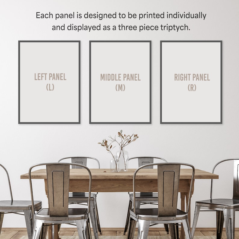 May include: Three framed art panels labeled "LEFT PANEL (L)", "MIDDLE PANEL (M)", and "RIGHT PANEL (R)". The text above reads "Each panel is designed to be printed individually and displayed as a three piece triptych."