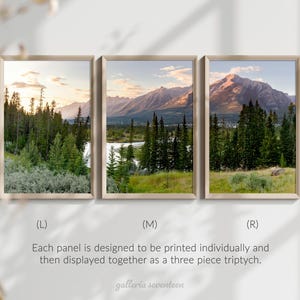 May include: Three framed landscape prints featuring mountain and forest scenes. The artwork is designed to be displayed together as a three-piece triptych. The text at the bottom reads "Each panel is designed to be printed individually and then displayed together as a three piece triptych."