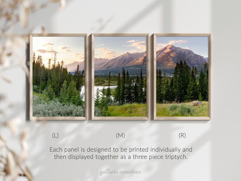 May include: Three framed landscape prints featuring mountain and forest scenes. The artwork is designed to be displayed together as a three-piece triptych. The text at the bottom reads "Each panel is designed to be printed individually and then displayed together as a three piece triptych."