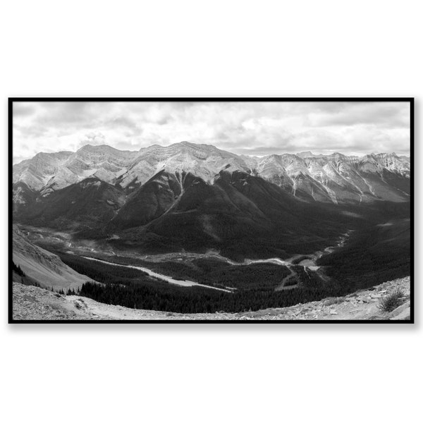 Mountain Panorama Digital Download, Black & White Panoramic Print, Canadian Rockies Landscape