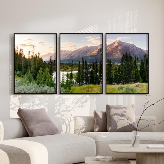 Canmore Landscape Triptych Wall Art, Printable Mountain Photography, Alberta Sunset Digital Print, 3 Piece Artwork Download