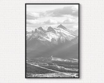 Three Sisters Canmore Digital Print, Download Mountain Wall Art, Printable Black & White Canadian Landscape