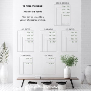 May include: A white wall with a variety of print sizes and ratios, including 4:5, 3:4, 2:3, 11:14, and 5:7. Text indicates 18 files are included, with 3 panels in 6 ratios. Sizes are listed in inches and millimeters.