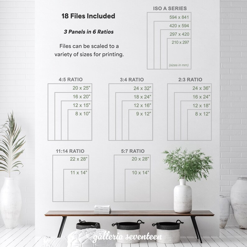 May include: A white wall with a variety of print sizes and ratios, including 4:5, 3:4, 2:3, 11:14, and 5:7. Text indicates 18 files are included, with 3 panels in 6 ratios. Sizes are listed in inches and millimeters.