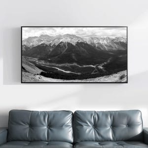 Black & White Mountain Landscape, Panorama Wall Art Download, Printable Photography, Panoramic Digital Print, Canmore Alberta Canada