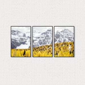 May include: A triptych of framed landscape prints. Each print depicts a mountain range with snow-covered peaks above a forest of yellow trees. The frames are black, set against a white brick wall.