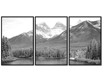 Three Sisters Mountain Printable, 3 Piece Wall Art, Winter Photography, Black & White Print, Canmore Alberta, Landscape Triptych Download