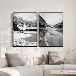 Set of 2 Printable Banff Landscapes, Digital Prints Set, Lake Louise, Moraine Lake, Black & White Photography, Printable Mountain Wall Art