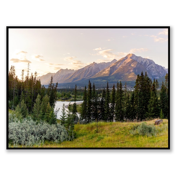 Coucher de soleil sur la montagne imprimable, Canmore, Alberta, Canada, Bow River, décoration d'intérieur rustique, photographie de paysage western, téléchargement numérique