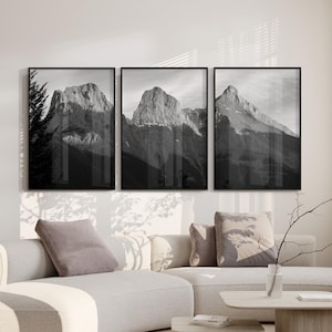 Black & White 3 Piece Digital Print, Three Sisters Mountain Wall Art, Printable Canmore Landscape