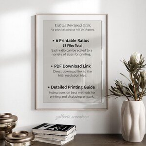 May include: A framed digital download print with text detailing 6 printable ratios, 18 files total, a PDF download link, and a detailed printing guide. The artwork is displayed near a white vase with a plant and a stack of books.