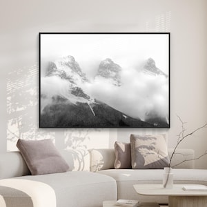 Alberta Winter Landscape Digital Print, Three Sisters Canmore, Mountain Wall Art, Printable Black & White Photography