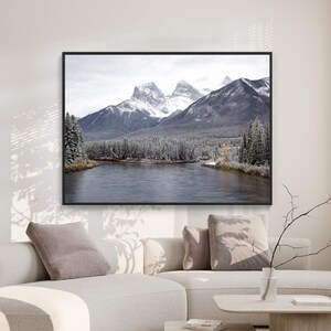 Printable Three Sisters Mountain Art, Winter Landscape Digital Print, Canmore Alberta Canada, Photography Wall Art Download