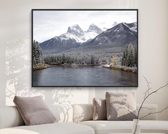 Printable Three Sisters Mountain Art, Winter Landscape Digital Print, Canmore Alberta Canada, Photography Wall Art Download