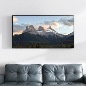 Panorama de la montaña Three Sisters para imprimir, fotografía de paisajes de Canmore, arte mural de naturaleza, impresión digital panorámica