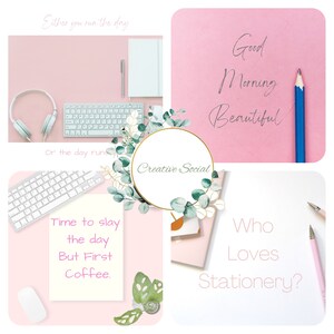 May include: A collage of images with a pink background featuring office supplies, including a keyboard, mouse, headphones, pencils, and notebooks. The text "Good Morning Beautiful" and "Who Loves Stationery?" are also included in the collage.