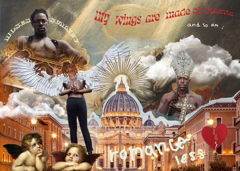 Op de afbeelding: Een digitale collage met een man met vleugels, een gebroken hart en de tekst "Mijn vleugels zijn van plastic en ik ook". De collage is tegen een achtergrond van een stadsbeeld met een groot koepelvormig gebouw op de achtergrond.