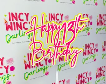 Neon Card Happy Birthday Cake Topper, Glow Party, Neon Cake Topper