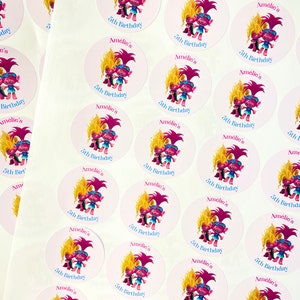 Stickers festifs personnalisés Poppy Viva des trolls Stickers cotillons sucrés Anniversaire des trolls Soirée à thème Trolls image 1