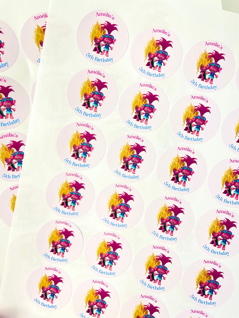 Stickers festifs personnalisés Poppy Viva des trolls Stickers cotillons sucrés Anniversaire des trolls Soirée à thème Trolls image 1