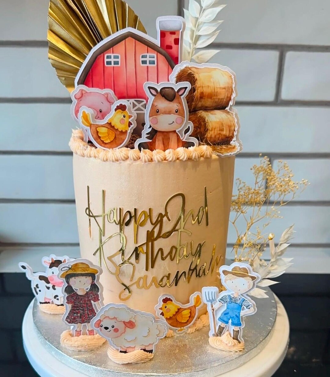 Farm Animal Theme Cake Topper Set With Gold Personalised Charm Topper ...