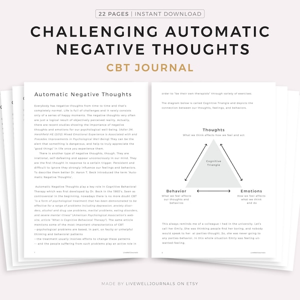 Challenging Automatic Negative Thoughts, 22 Page CBT Journal Printable, Mental Health Workbook, Self Help Tool, Instant Download PDF