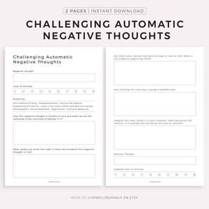 Challenge Automatic Negative Thoughts, CBT Worksheets, Mental Health Printable, Self Help Tool, Instant Download PDF
