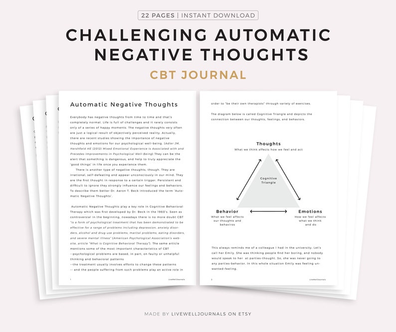 Challenging Automatic Negative Thoughts, 22 Page CBT Journal Printable, Mental Health Workbook, Self Help Tool, Instant Download PDF image 1
