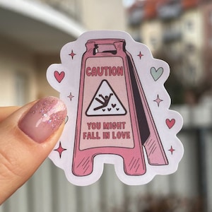 Sticker sticker voorzichtigheid waarschuwing dat je misschien verliefd wordt natte vloer teken harten Valentijnsdag roze schattig Kindle Laptop Scrapbook Bullet Journal