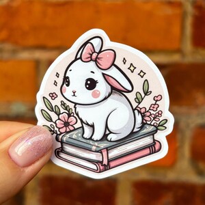 Aufkleber Sticker Hase weiß Schleife Bücherstapel floral niedlich rosa Bücherwurm Buchliebe lesen Bücherstapel bookish Laptop Scrapbook Bujo