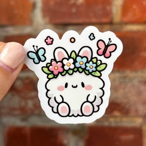 Aufkleber Sticker Hase weiß fluffig Schmetterlinge Blumen Frühling Kawaii Blumenkrone Hasenliebe Wasserflasche Laptop Scrapbook Bujo Kindle