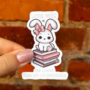 Aufkleber Sticker little miss TBR longer than her life expectancy Bücherwurm Buchliebe lesen Bücherstapel Hase bookish Laptop Scrapbook Bujo