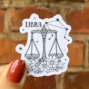 Aufkleber Sticker Sternzeichen Zodiac Horoskop Libra Waage Blumen floral b/w Astronomie Stern Wasserflasche Laptop Scrapbook Bullet Journal