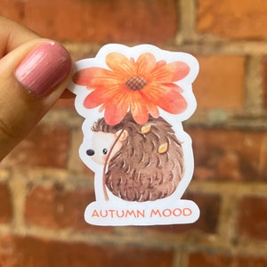 Sticker herfst egel schattig bloem bruin oranje Autumn Mood comfortabel herfst herfst tijd bos bladeren waterfles laptop plakboek bullet journal