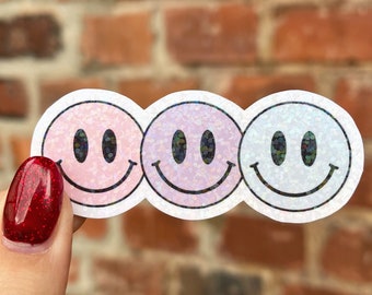 Glitter stickers, happy, good vibes, smiley face, gradient glitter effect, water bottle, laptop, scrapbook, bullet journal