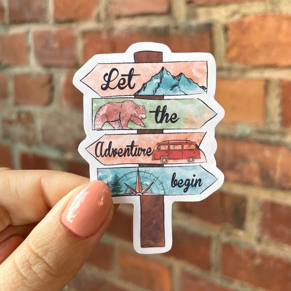 Aufkleber Sticker let the adventure begin Wanderlust Abenteurer Urlaub Reise Schild wasserfest Wasserflasche Laptop Scrapbook Bullet Journal