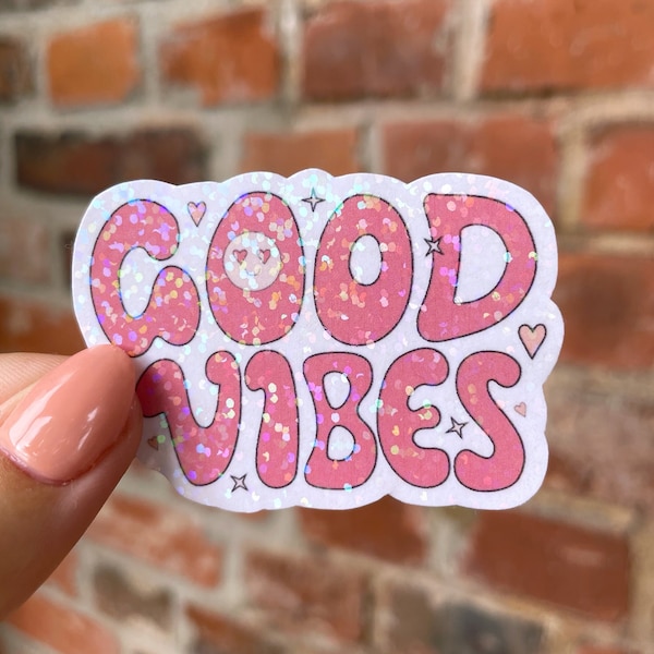 Aufkleber Sticker good vibes Glitzer sparkle glitter holo smiley Herz pink doodle wasserfest Wasserflasche Laptop Scrapbook Bullet Journal