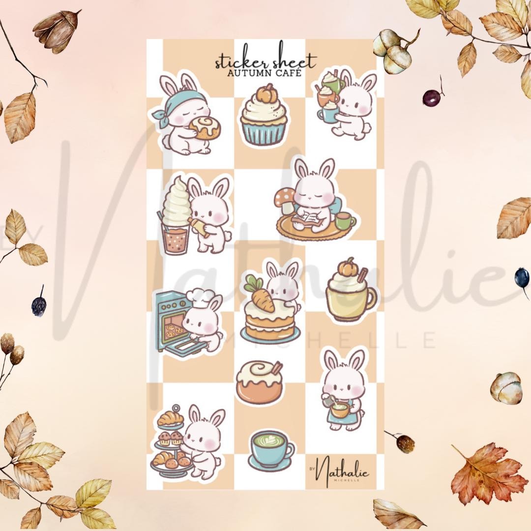Autumn Café Bunny Sticker Sheet 12 Cozy Fall Stickers Cute Bunny With ...