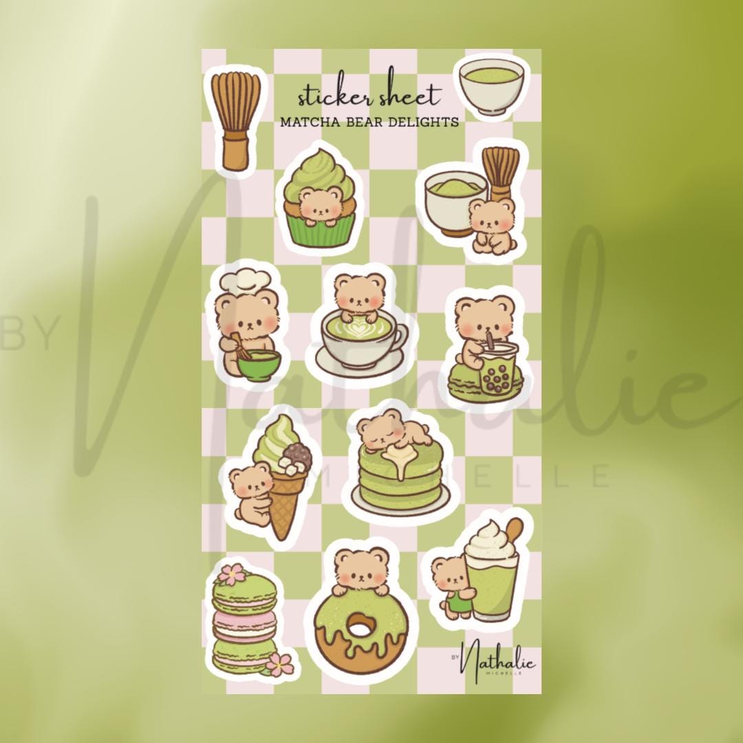 Matcha Sticker Sheet | Cute Bear Matcha Stickers | Kawaii Food Stickers ...