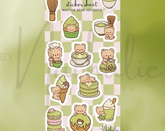 Matcha Sticker Sheet | Cute Bear Matcha Stickers | Kawaii Food Stickers | Planner & Journal Stickers | Aesthetic Green Stickers | Dessert