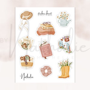 Sticker Sheet Girly Vibes - Vinyl matt floral Blumen cute aesthetic Sonnenhut Bücher Scrunchie Fahrrad Gießkanne Tee Bujo Planner Scrapbook
