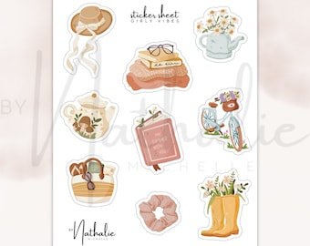 Foglio adesivo Girly Vibes - fiori floreali in vinile opaco estetica carina cappello da sole libri scrunchie bicicletta annaffiatoio tè bujo planner scrapbook