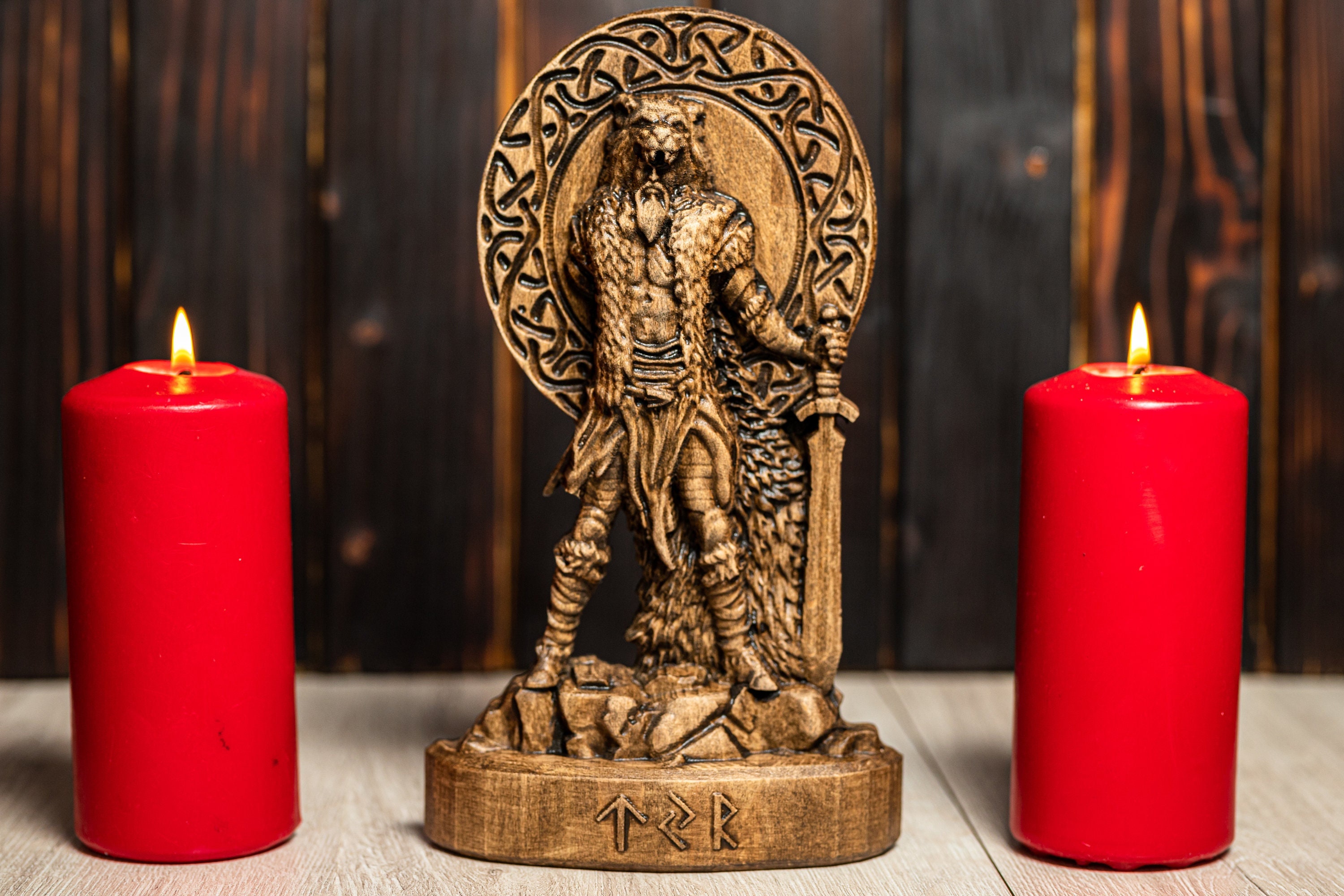 Tyr Statue God Viking God Wood Carved Statue Pagan Paganism Fenrir Odin 