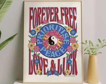 Yin Yang Poster: 60s Retro Peace & Love Floral Print