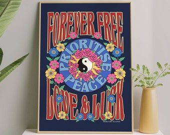 Retro Peace Art Print, NAVY 60s Hippy Flowers Poster, Psychedelic Positive Slogan, Forever Free, Prioritise Peace Text, Yin & Yang Wall Art