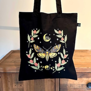 Deaths Head Moth Tote Bag: Goth Witchy Moon & Stars Print