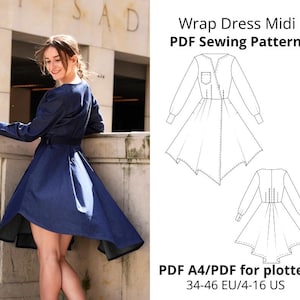 Könnte beinhalten: Ein PDF-Schnittmuster für ein Wickelkleid Midi. Das Schnittmuster enthält Anweisungen für die Größen 34-46 EU oder 4-16 US. Das Schnittmuster ist in A4- und Plotterformaten erhältlich.