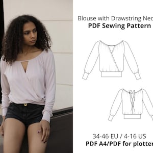 Drawstring Blouse Sewing Pattern PDF / Instant Download / Stella Blouse with drawstring neckline