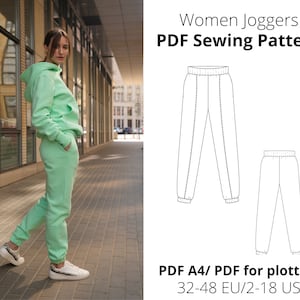 Könnte beinhalten: Ein PDF-Schnittmuster für Damen-Jogginghosen. Das Schnittmuster umfasst die Größen 32-48 EU und 2-18 US. Das Schnittmuster ist in den Formaten A4 und Plotter erhältlich.