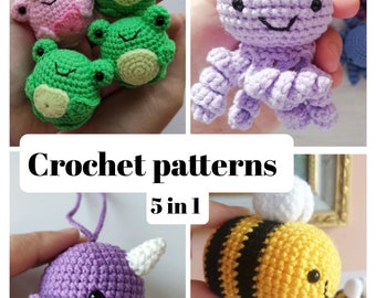 Crochet set of patterns: crochet bee, crochet frog, crochet octopus, crochet narwhal patterns